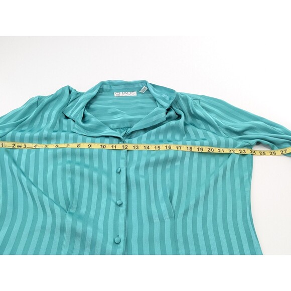 CHAUS Vintage Green Satin Striped Long Sleeve Button Front Blouse Size 2X - Picture 4 of 7